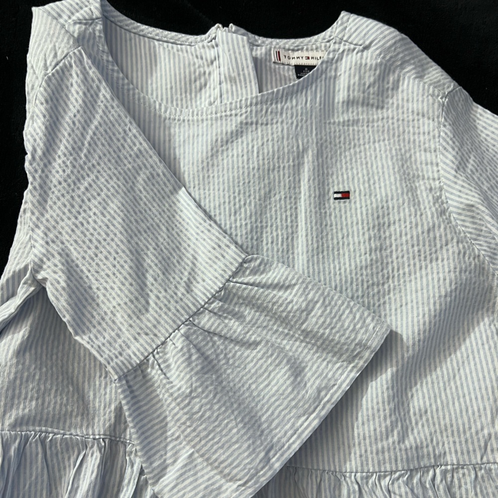 Tommy Hilfiger Girls Light Blue Pinstriped Cotton Seersucker Dress